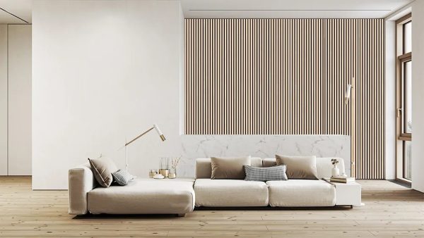 Modern Beige Themed Living Room with Couch Featuring Proff Series Light Oak FibroTech Acoustic Panels