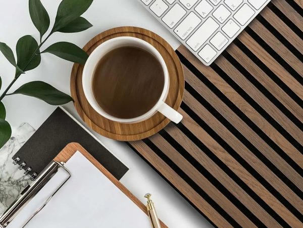 Proff Oiled Oak FibroTech Acoustic Panels With White Background and and Office Equipment with a Plant and Cofee