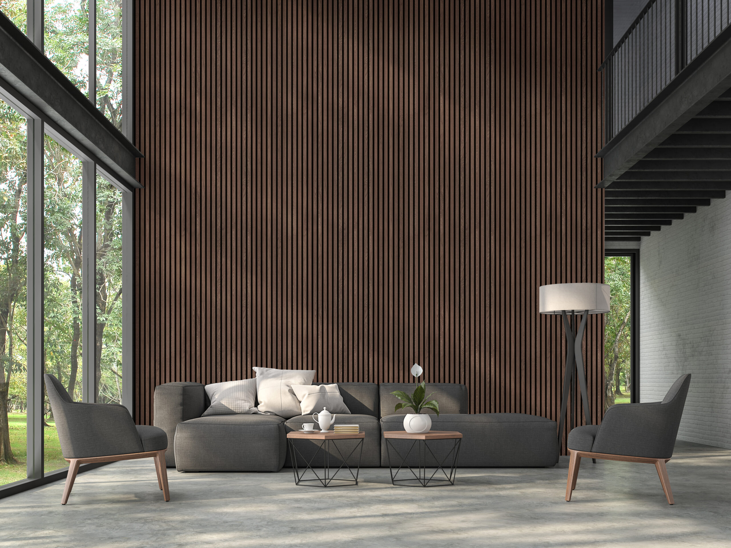 High ceiling loft living room 3d render.There are white brick wall,polished concrete floor and black steel structure,There are large windows look out to see the nature,sunlight shining into the room.