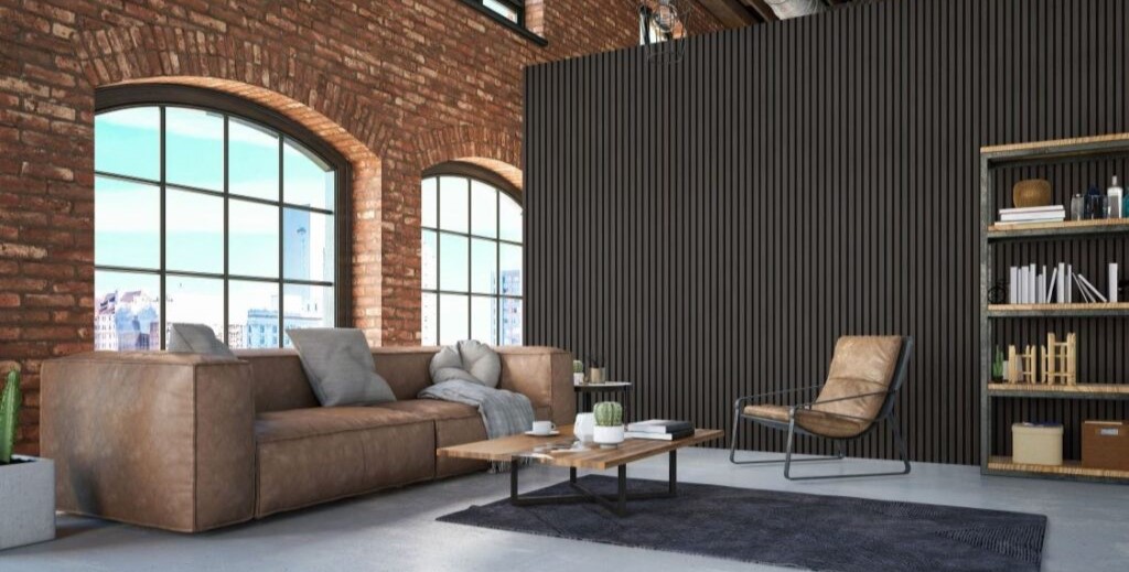 Room With Brick Walls and Windows Looking at the City Featuring Premium Series Black Oak FibroTech Acoustic Panels