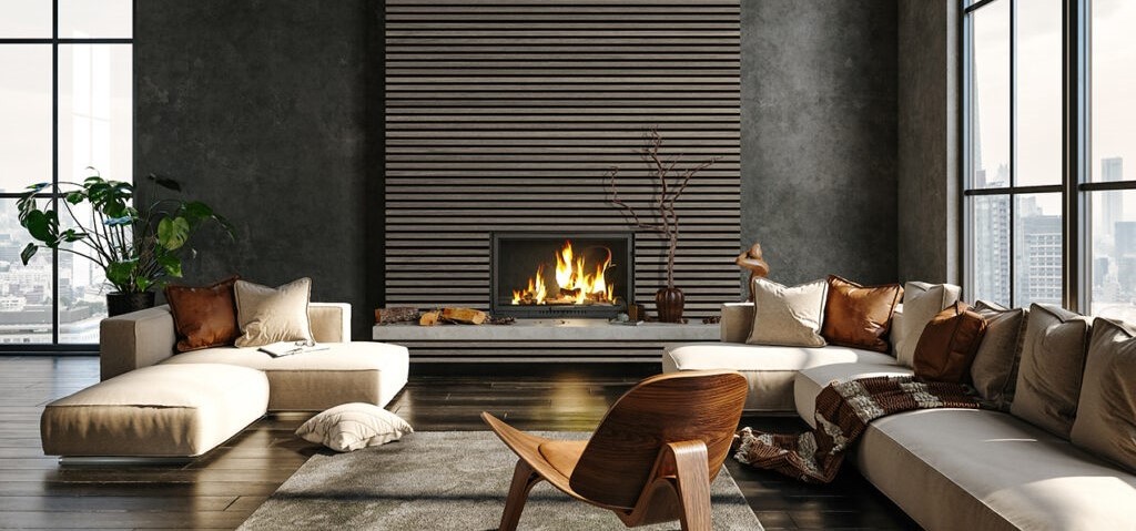 Modern Living Room with Fireplace Featuring Premium Series Grey Oak FibroTech Acoustic Panels