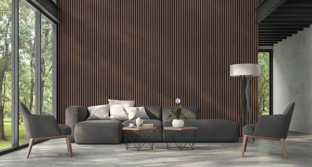 Modern Living Room with Windows Featuring Premium Series Walnut FibroTech Acoustic Panels