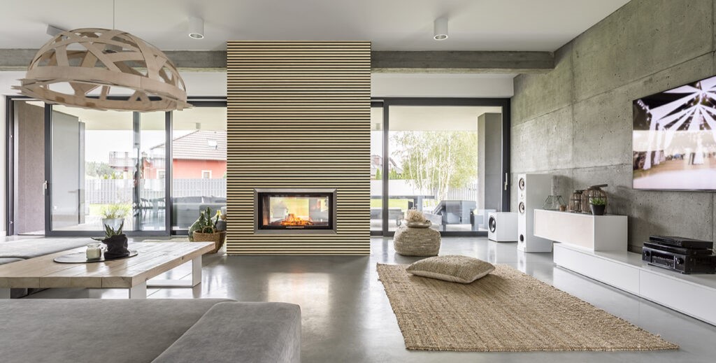 Modern Living Room with Fireplace Featuring Proff Series Ash FibroTech Acoustic Panels