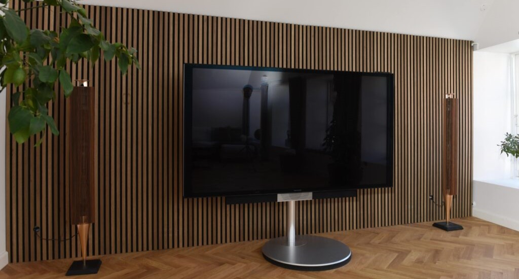 Room With Huge TV Featuring Oiled Series Black Oak FibroTech Acoustic Panels