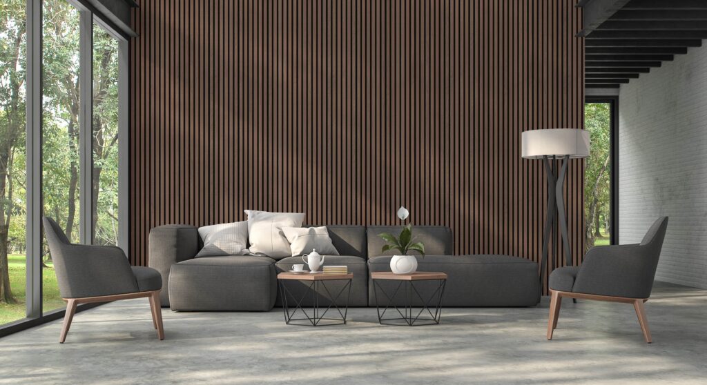 Modern Living Room with Windows Featuring Proff Series Walnut FibroTech Acoustic Panels