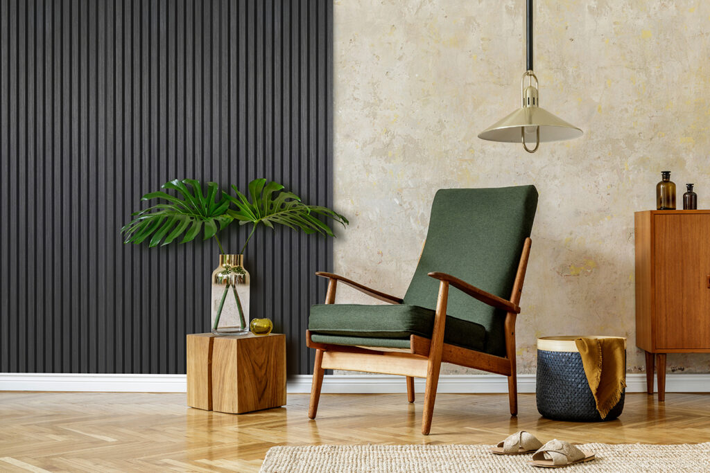 Modern Room with a Chair Featuring Quanti Series Black Oak FibroTech Acoustic Panels