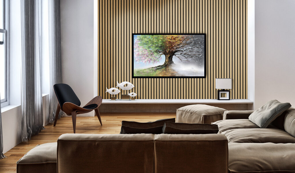 Modern Living Room Featuring Quanti Series Light Oak with Black Polyester FibroTech Acoustic Panels