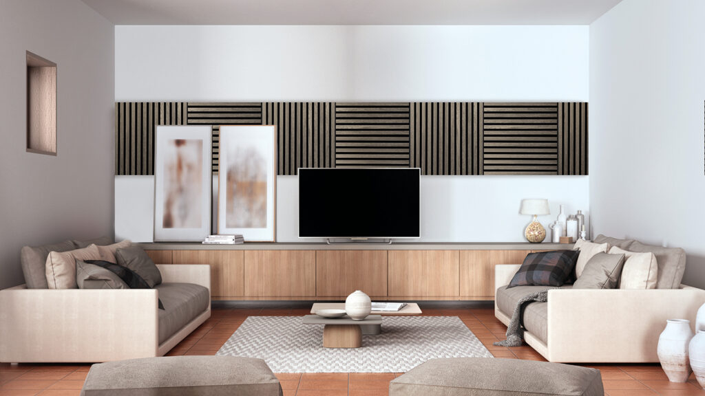 Modern Living Room Featuring Square Series Grey Oak FibroTech Acoustic Panels