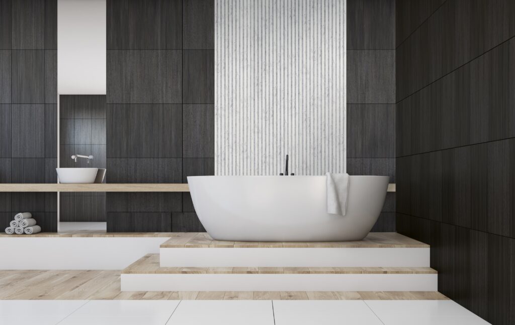 Modern Bathroom with Black Walls Featuring Stone Series White Marble FibroTech Acoustic Panels