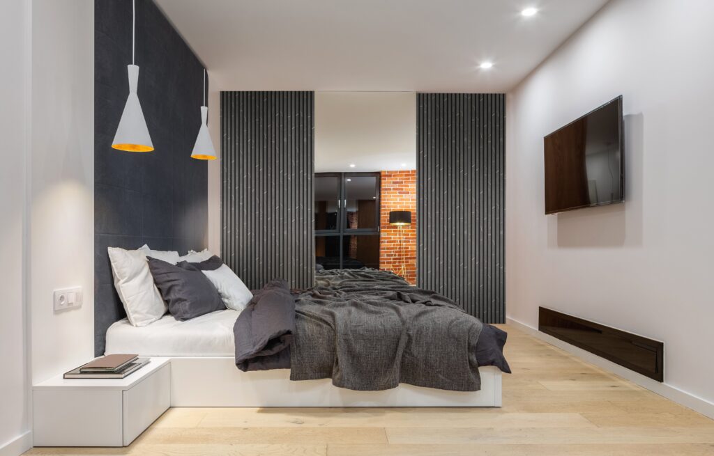 Modern Bedroom Featuring Stone Series FibroTech Acoustic Panels (Pattern)